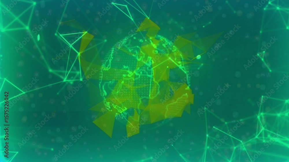 Poster spinning green-yellow globe initiating glowing lines and pulsing polygons clustering to map links