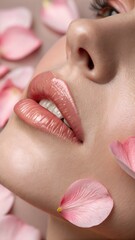 Organic beauty charm—delicate petal resting on soft lips, blending nature with intimacy; ideal for clean, floral cosmetic campaigns.