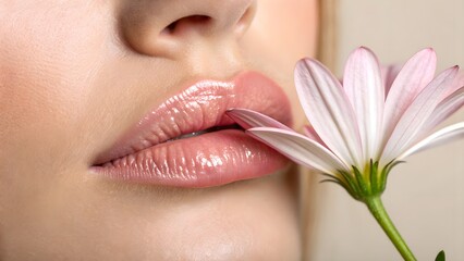 Organic beauty charm—delicate petal resting on soft lips, blending nature with intimacy; ideal for clean, floral cosmetic campaigns.
