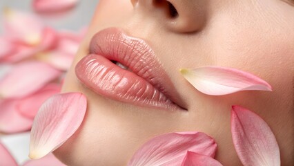 Organic beauty charm—delicate petal resting on soft lips, blending nature with intimacy; ideal for clean, floral cosmetic campaigns.