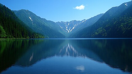 A breathtaking morning scene, with golden sunlight illuminating the mountains and their reflection captured in the perfectly still surface of the lake.