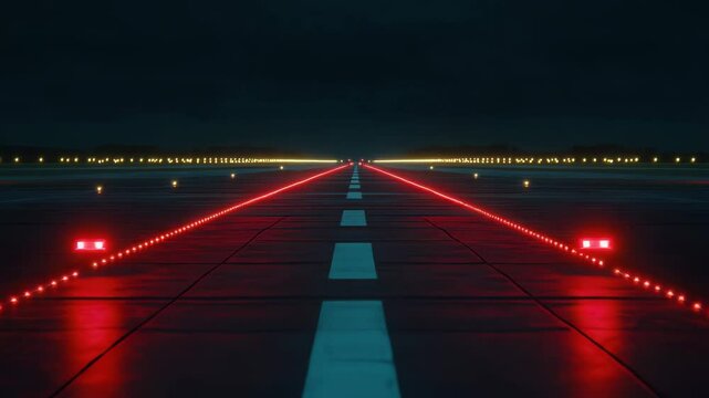 Runway night illuminated with red light and yellow light along edges creating dramatic focused atmosphere for aircraft landing takeoff aviation airport runway lighting guidance