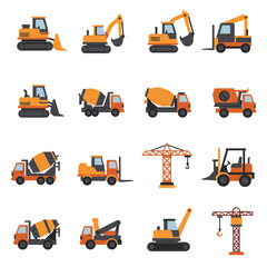 Construction Icon Set Flat Solid Style Illustrations of Heavy Machinery and Equipment for Construction Sites and Engineering Projects
