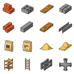 Construction Icon Set Flat Solid Design - Bricks, Blocks, Wood, Cement, Sand, Tools & More - Construction Icons Pack