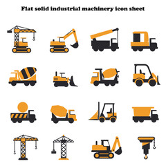 Construction Icon Flat Solid Industrial Machinery Icon Sheet - Downloadable Vector Graphics of Excavators, Cranes, and More