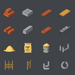 Construction Icon Set Flat Solid Style Vector Illustrations of Building Materials, Tools, and Equipment for Construction Projects - Bricks, Cement, Wood, Pipes, Scaffolding, and More
