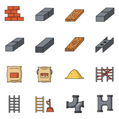 Construction Icon Set Flat Solid Design for Brick, Wood, Cement, and Scaffolding -  A Comprehensive Collection of Construction Icons