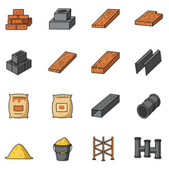 Construction Icon Set Flat Solid Design - Bricks, Wood, Cement, and More