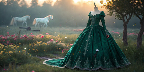 A rich emerald green velvet princess dress in a fantasy meadow with glowing flowers and unicorns, HD.
