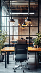 Modern Office Interior with Desk, Chair, and Pendant Lights