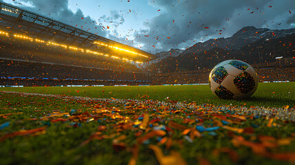 Soccer celebration stadium shines confetti rains