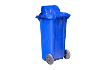 Rubbish bin garbage square shape blue with flip cover and black casters isolated on cutout PNG or transparent background. Old dirty trash cans plastic. Waste collection equipment in park.