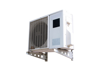 Side of structure old white big air conditioner compressor source heat pumps isolated on cutout PNG or transparent background. Cooling pump technology home or office building industrial plant.