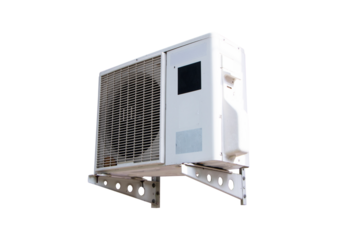 Side of structure old white big air conditioner compressor source heat pumps isolated on cutout PNG or transparent background. Cooling pump technology home or office building industrial plant.