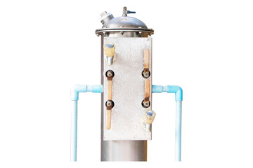 Old water filter tank and water pump system structure isolated on cutout PNG or transparent background. Site wastewater treatment system with sensors. Wastewater treatment energy technology.