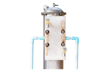 Old water filter tank and water pump system structure isolated on cutout PNG or transparent background. Site wastewater treatment system with sensors. Wastewater treatment energy technology.