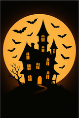Scary Haunted House Night with Full Moon and Bats