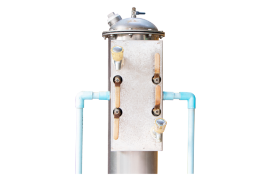 Old water filter tank and water pump system structure isolated on cutout PNG or transparent background. Site wastewater treatment system with sensors. Wastewater treatment energy technology.