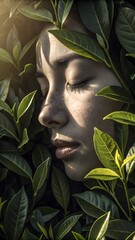 Subtle wellness visual—tea leaves cast intricate shadows on a serene face, conjuring purity and eco-conscious skincare narratives.