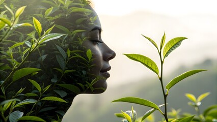 Subtle wellness visual—tea leaves cast intricate shadows on a serene face, conjuring purity and eco-conscious skincare narratives.