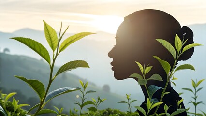 Subtle wellness visual—tea leaves cast intricate shadows on a serene face, conjuring purity and eco-conscious skincare narratives.