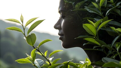 Subtle wellness visual—tea leaves cast intricate shadows on a serene face, conjuring purity and eco-conscious skincare narratives.
