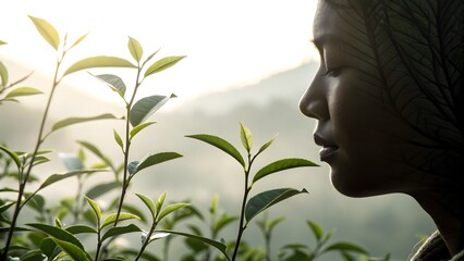 Subtle wellness visual—tea leaves cast intricate shadows on a serene face, conjuring purity and eco-conscious skincare narratives.