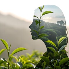 Subtle wellness visual—tea leaves cast intricate shadows on a serene face, conjuring purity and eco-conscious skincare narratives.