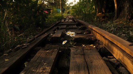 Daisies Blooming on Old Railroad Tracks, Nature's Resilience