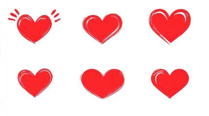 Six red hearts with a hand-drawn style