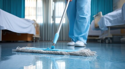 A hospital cleaner in uniform using a mop on the floor in a patient room, ensuring cleanliness with a focus on the smooth epoxy flooring.