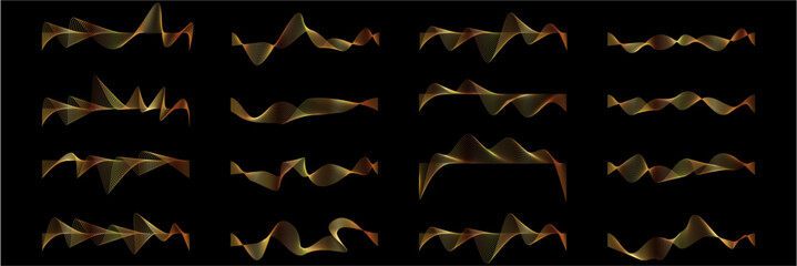 Set of gold dynamic wave line vector, representing luxury and fluid motion. Ideal for elegant branding, financial, or high-end abstract designs.