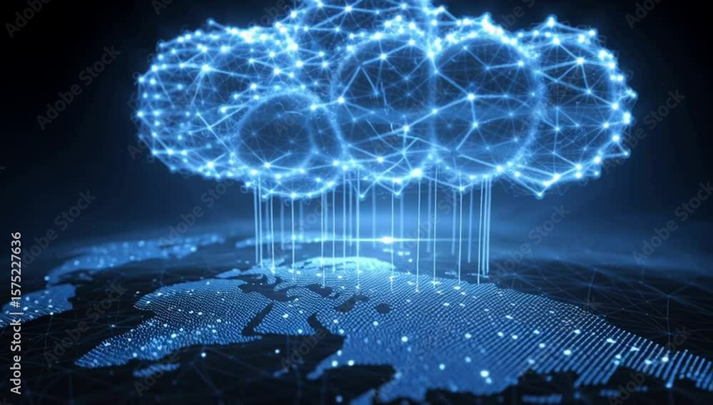 Poster digital technology concept, a blue glowing cloud icon with a network connection on an earth map back