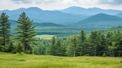 Panoramic view of a verdant valley nestled amidst rolling mountains, showcasing a dense forest of evergreen trees and a grassy meadow in the foreground under a partly cloudy sky