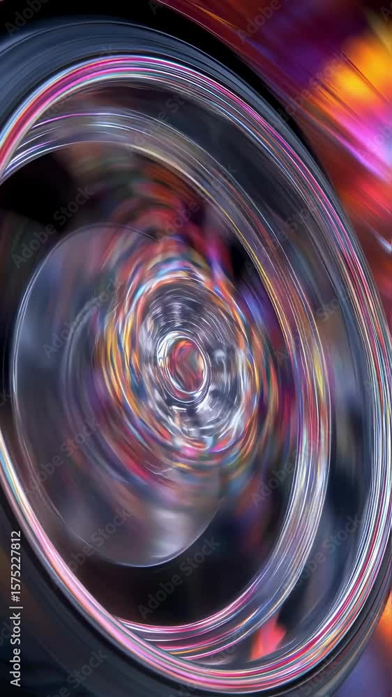 Poster chrome car wheel spinning with intense motion blur, generating vibrant colorful streaks across refle