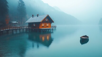 Fototapeta premium A crystal-clear lake perfectly mirroring the surrounding snow-covered mountains, with the soft glow of morning light gently warming the scene.