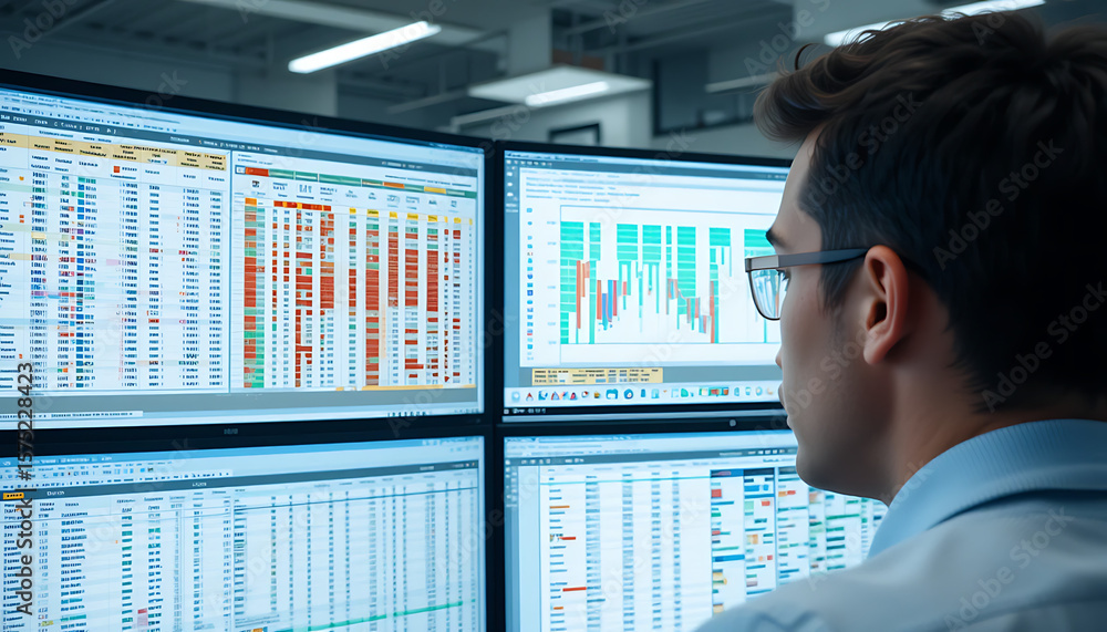 Poster man analyzing financial data on multiple computer screens wearing glasses.