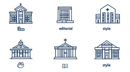 Line art icons of various buildings, including churches and government structures
