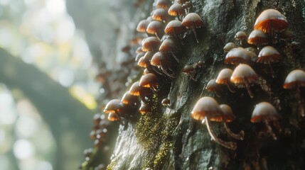 8.A detailed close-up of a cluster of tiny mushrooms with smooth brown caps emerging from a moss-covered tree trunk. The rough bark texture contrasts with the soft, vibrant moss, while sunlight