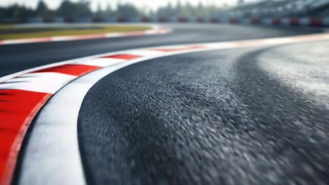 Race track asphalt curve with red and white curbs racing sport speed outdoor blurred background road dynamic motion fast bend tarmac circuit adrenaline competition motor sport track surface fast