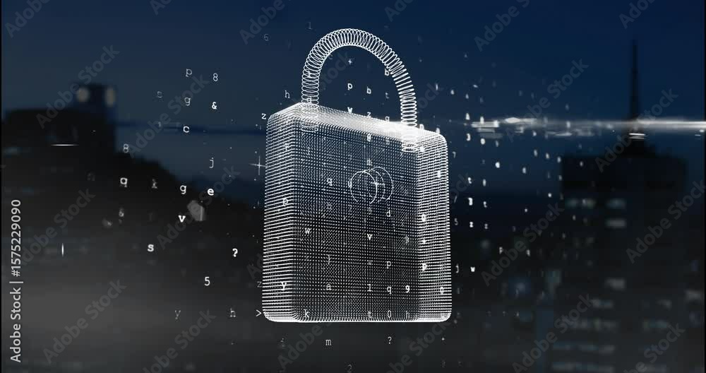 Poster on digital padlock appearing, rotating while digits converging and streaming data showing security
