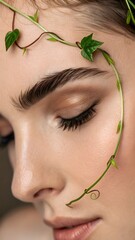 Botanical elegance—fine vine tendril drapes over a brow, merging human and plant life for graceful, organic fashion or beauty advertising.
