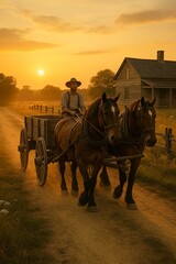 Horse-drawn wagon on a country road at sunset