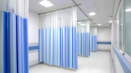 Blue and white privacy curtain in a hospital room, marking the division for patient examination, highlighting the clean and sterile environment.
