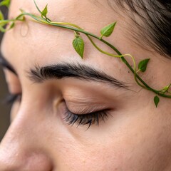 Botanical elegance—fine vine tendril drapes over a brow, merging human and plant life for graceful, organic fashion or beauty advertising.
