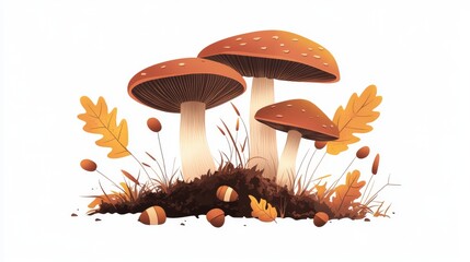 Obraz premium 34.A detailed vector art depiction of a cute cluster of mushrooms, each with unique sizes and shades of brown, growing amidst a bed of soil, grass, and fallen oak leaves. Small acorns and thin twigs