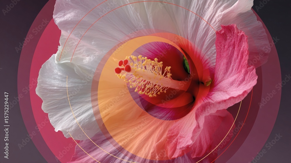 Poster abstract rendition of a hibiscus bloom with overlapping circles creating a modern floral aesthetic.