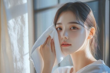 A young woman gently dries her face with a soft, white towel, her skin glowing in the natural light, emphasizing her natural beauty.