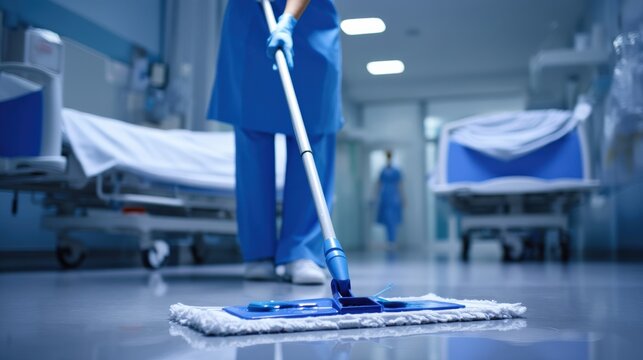 Cleaner in uniform mopping the hospital floor in a patient room, emphasizing cleanliness and the use of high-quality cleaning equipment.