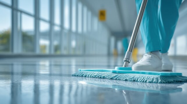 Cleaner using a mop in a hospital patient room, highlighting the shiny epoxy floor and the professional cleaning process.